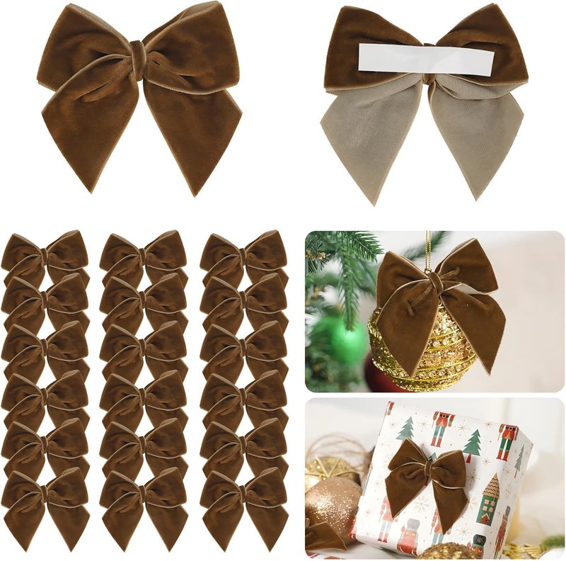 LiBongTa 3.5" Brown Bows Small Velvet Ribbon Bow For Decoration, Self Adhesive Gift Bows, Rustic Bows For Christmas Tree, Treat Bags, Candy Pop, Basket, Party Favor, Craft Bow For Gift Wrapping-24 PCs - Image 1